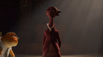 Movie still from “Monsters University” (2013), directed by Dan Scanlon – An image of an animated character in a dark room; Medium shot, Low angle