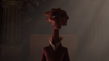 Movie still from “Monsters University” (2013), directed by Dan Scanlon – An animated character is wearing a suit and tie; Close Up shot, High angle