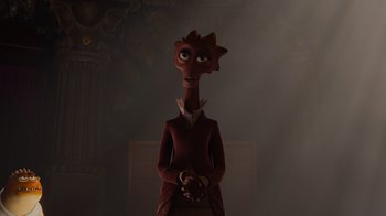 Movie still from “Monsters University” (2013), directed by Dan Scanlon – An image of an animated character in a dark room; Medium shot, Low angle