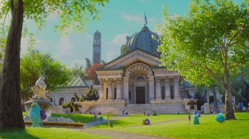 Movie still from “Monsters University” (2013), directed by Dan Scanlon – People are sitting in the grass outside of a church; Extreme Wide shot, Low angle