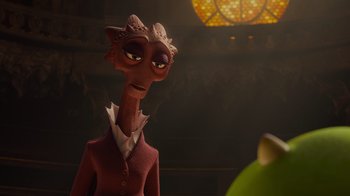 Movie still from “Monsters University” (2013), directed by Dan Scanlon – An image of an animated character in a movie setting; Close Up shot, Over the shoulder angle