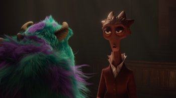 Movie still from “Monsters University” (2013), directed by Dan Scanlon – A man in a suit and a monster in a suit; Close Up shot, Over the shoulder angle
