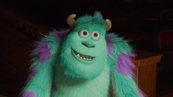 Movie still from “Monsters University” (2013), directed by Dan Scanlon – The head and shoulders of a stuffed animal; Close Up shot, Low angle