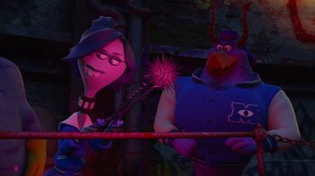 Movie still from “Monsters University” (2013), directed by Dan Scanlon – A man and a woman in a ring with a wand; Medium shot, Over the shoulder angle