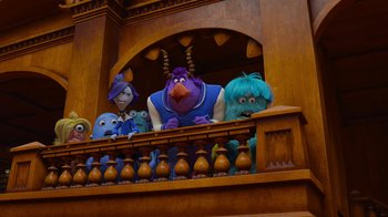 Movie still from “Monsters University” (2013), directed by Dan Scanlon – A group of stuffed animals sitting on top of a wooden railing; Wide shot, Low angle