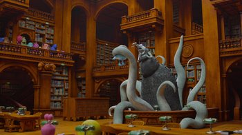 Movie still from “Monsters University” (2013), directed by Dan Scanlon – An octopus statue in the library; Extreme Wide shot, Low angle