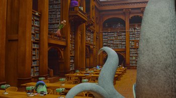 Movie still from “Monsters University” (2013), directed by Dan Scanlon – A library filled with lots of tables and chairs; Extreme Wide shot, Low angle
