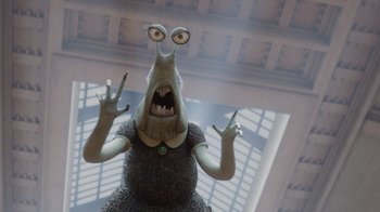Movie still from “Monsters University” (2013), directed by Dan Scanlon – An image of an animated character that is yelling; Close Up shot, Low angle