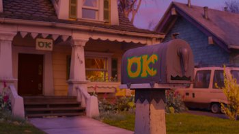 Movie still from “Monsters University” (2013), directed by Dan Scanlon – A mail box in front of a house; Wide shot, Low angle