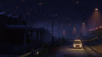 Movie still from “Monsters University” (2013), directed by Dan Scanlon – A car parked on the side of the road at night; Extreme Wide shot, High angle