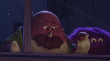 Movie still from “Monsters University” (2013), directed by Dan Scanlon – An image of an animated character looking out of a window; Close Up shot, Over the shoulder angle