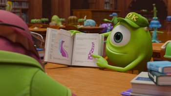 Movie still from “Monsters University” (2013), directed by Dan Scanlon – A green monster sitting at a wooden table reading a book; Medium shot, Over the shoulder angle