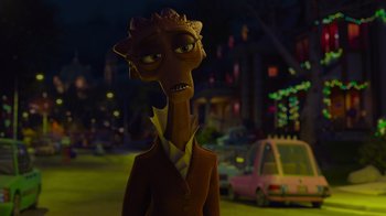 Movie still from “Monsters University” (2013), directed by Dan Scanlon – An animated character is standing in the street; Close Up shot, Over the shoulder angle