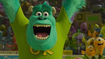 Movie still from “Monsters University” (2013), directed by Dan Scanlon – A stuffed animal with a hand raised; Medium shot, Low angle