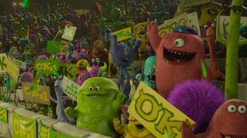 Movie still from “Monsters University” (2013), directed by Dan Scanlon – A group of people that are standing in a room; Extreme Wide shot, High angle