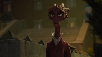 Movie still from “Monsters University” (2013), directed by Dan Scanlon – An image of an animated character in a movie setting; Close Up shot, Over the shoulder angle