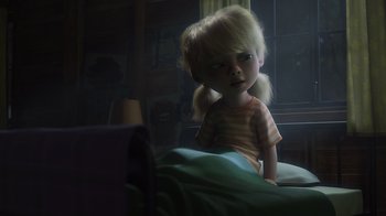 Movie still from “Monsters University” (2013), directed by Dan Scanlon – A little girl sitting on a bed in the dark; Medium shot, Over the shoulder angle