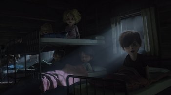 Movie still from “Monsters University” (2013), directed by Dan Scanlon – A group of children sitting on top of bunkbeds; Medium shot, High angle