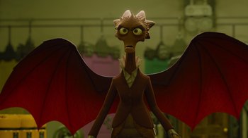Movie still from “Monsters University” (2013), directed by Dan Scanlon – An image of an animated character with a bat like wings; Medium shot, High angle