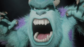 Movie still from “Monsters University” (2013), directed by Dan Scanlon – The face of a blue monster; Extreme Close Up shot, Low angle