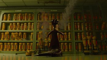 Movie still from “Monsters University” (2013), directed by Dan Scanlon – An image of a person in a room with smoke coming out of the ceiling; Wide shot, Low angle