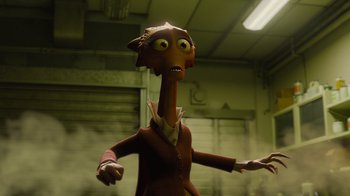 Movie still from “Monsters University” (2013), directed by Dan Scanlon – An image of an animated character in a dark room; Close Up shot, Low angle