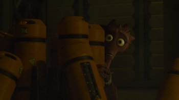 Movie still from “Monsters University” (2013), directed by Dan Scanlon – The head of a character in a movie scene; Close Up shot, Over the shoulder angle