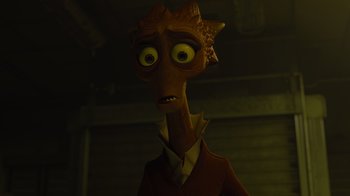 Movie still from “Monsters University” (2013), directed by Dan Scanlon – An image of an animated character in a dark room; Close Up shot, High angle