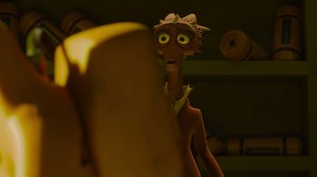 Movie still from “Monsters University” (2013), directed by Dan Scanlon – An image of an animated character looking at the camera; Close Up shot, Over the shoulder angle