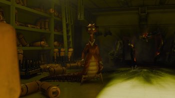 Movie still from “Monsters University” (2013), directed by Dan Scanlon – An image of an animated creature in a room; Wide shot, High angle