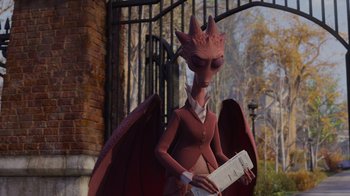 Movie still from “Monsters University” (2013), directed by Dan Scanlon – An animated character is holding a newspaper in his hands; Medium shot, High angle