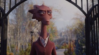 Movie still from “Monsters University” (2013), directed by Dan Scanlon – An animated character is standing in a park; Close Up shot, High angle