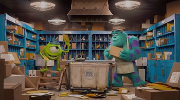 Movie still from “Monsters University” (2013), directed by Dan Scanlon – Two monsters university characters in a room with a trash bin; Wide shot, Low angle