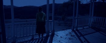 Movie still from “Monstrous” (2022), directed by Chris Sivertson – A woman standing on a porch at night; Extreme Wide shot, High angle