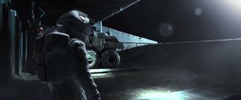 Movie still from “Moon” (2009), directed by Duncan Jones – An image of an astronaut in a space suit; Wide shot, Low angle