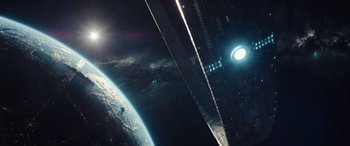 Movie still from “Moonfall” (2022), directed by Roland Emmerich – An image of an earth from the space station; Extreme Wide shot, Low angle