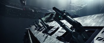 Movie still from “Moonfall” (2022), directed by Roland Emmerich – An image of an alien ship in the middle of the night; Extreme Wide shot, High angle