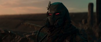 Movie still from “Mortal Kombat” (2021), directed by Simon McQuoid – A person wearing a mask; Close Up shot, Over the shoulder angle