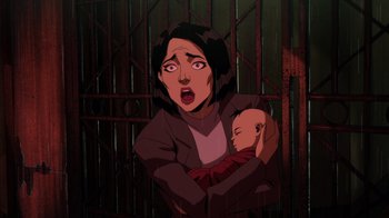 Movie still from “Mortal Kombat Legends: Battle of the Realms” (2021), directed by Ethan Spaulding – An animated woman holding a baby in her arms in front of a metal gate; Close Up shot, High angle