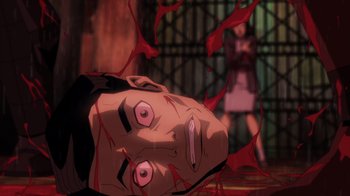 Movie still from “Mortal Kombat Legends: Battle of the Realms” (2021), directed by Ethan Spaulding – A man's face is broken in half with blood coming out of his mouth; Close Up shot, Overhead angle