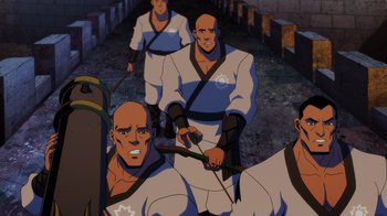 Movie still from “Mortal Kombat Legends: Battle of the Realms” (2021), directed by Ethan Spaulding – A group of men are standing in a row holding arrows; Medium shot, High angle