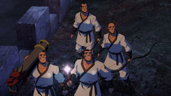 Movie still from “Mortal Kombat Legends: Battle of the Realms” (2021), directed by Ethan Spaulding – A group of men standing next to each other; Medium shot, High angle