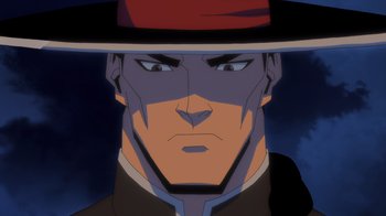 Movie still from “Mortal Kombat Legends: Battle of the Realms” (2021), directed by Ethan Spaulding – A man's face with a red hat on; Close Up shot, Low angle