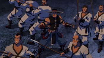 Movie still from “Mortal Kombat Legends: Battle of the Realms” (2021), directed by Ethan Spaulding – A group of people with swords in the dark; Wide shot, High angle
