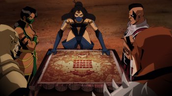 Movie still from “Mortal Kombat Legends: Battle of the Realms” (2021), directed by Ethan Spaulding – A woman in a blue and black outfit is playing a game; Wide shot, High angle