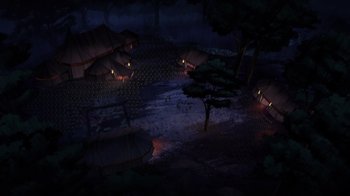 Movie still from “Mortal Kombat Legends: Battle of the Realms” (2021), directed by Ethan Spaulding – An aerial view of a village at night time; Extreme Wide shot, High angle