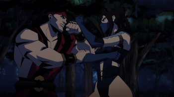 Movie still from “Mortal Kombat Legends: Battle of the Realms” (2021), directed by Ethan Spaulding – A couple of people that are fighting in the woods; Medium shot, Low angle