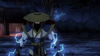 Movie still from “Mortal Kombat Legends: Battle of the Realms” (2021), directed by Ethan Spaulding – A man with a hat standing in front of a tree; Medium shot, Over the shoulder angle