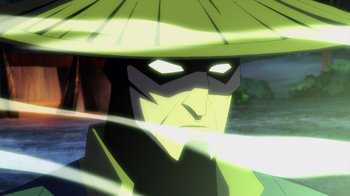 Movie still from “Mortal Kombat Legends: Battle of the Realms” (2021), directed by Ethan Spaulding – A person wearing a hat with a light shining on it; Close Up shot, Low angle