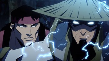 Movie still from “Mortal Kombat Legends: Battle of the Realms” (2021), directed by Ethan Spaulding – Two men are standing next to each other; Close Up shot, Low angle